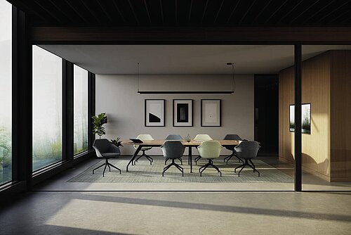 Yonda Conference chairs in conference room, long meeting table scene