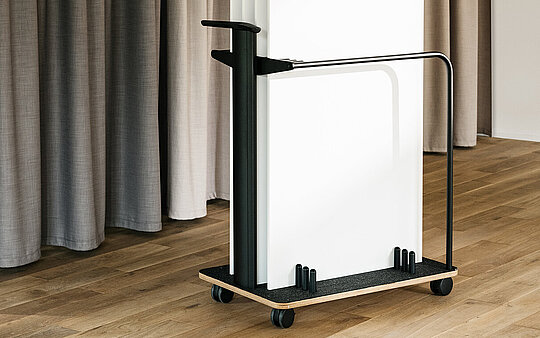 Confair Next panel trolley in workspace, holding multiple whiteboards