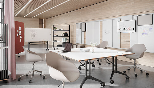 Confair Next elements in a modern workshop room with mobile whiteboards, shelving unit and collaborative tables