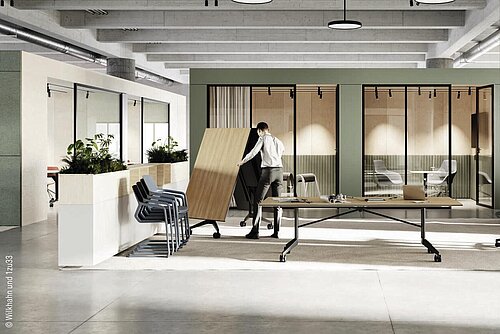 Confair folding table in modern office environment, user tilting tabletop