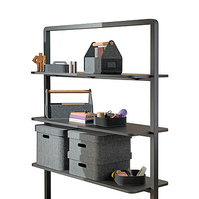 Confair Next shelving system, cut-out, front view with accessories