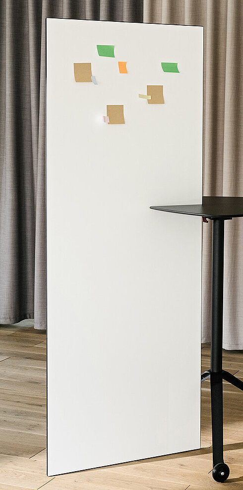 Confair Next whiteboard with side table, workspace scene with notes attached