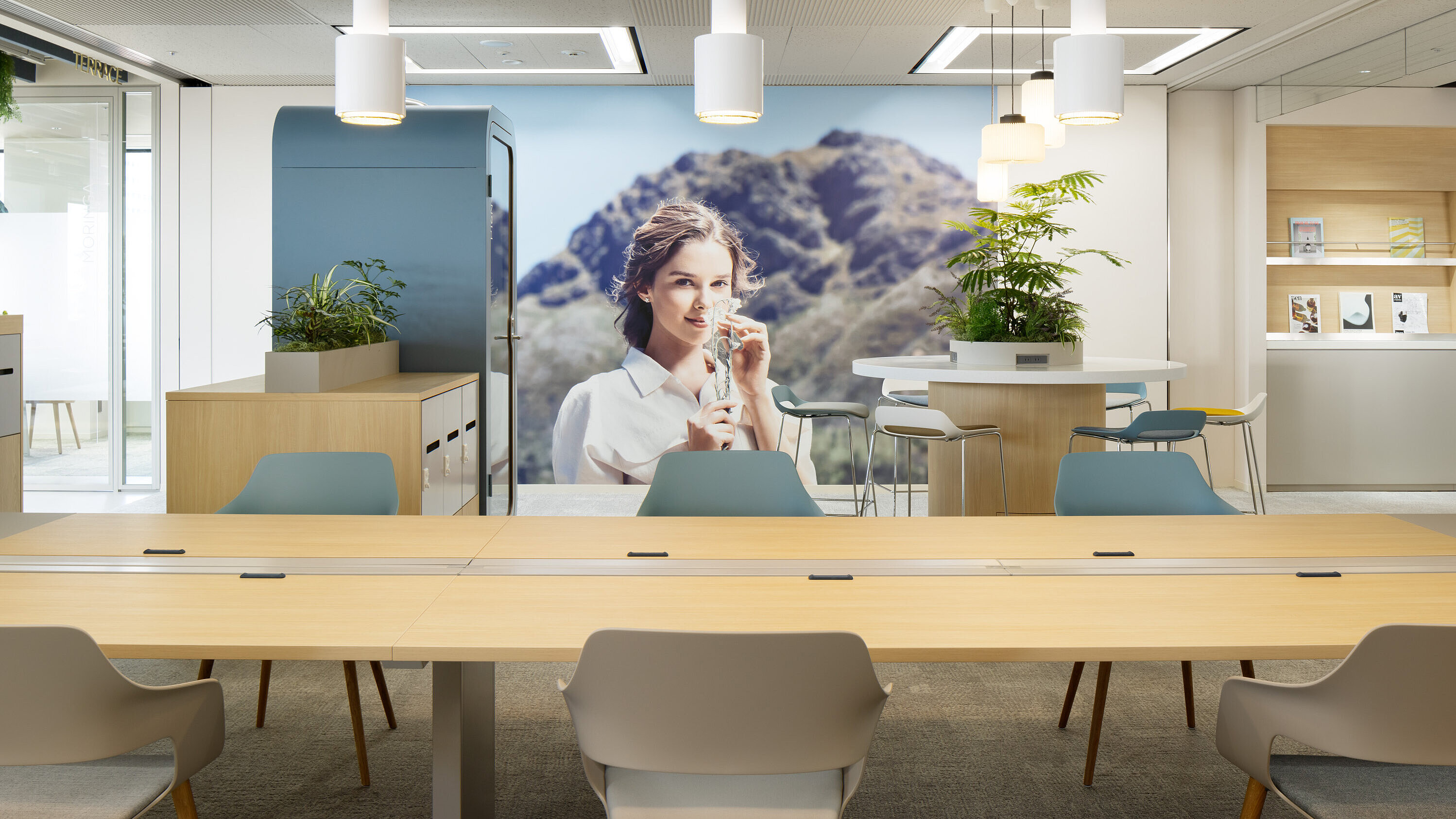 Occo chairs with beige or blue seat shells are arranged around a long wooden table. In the background, Occo bar stools are arranged around a round table.