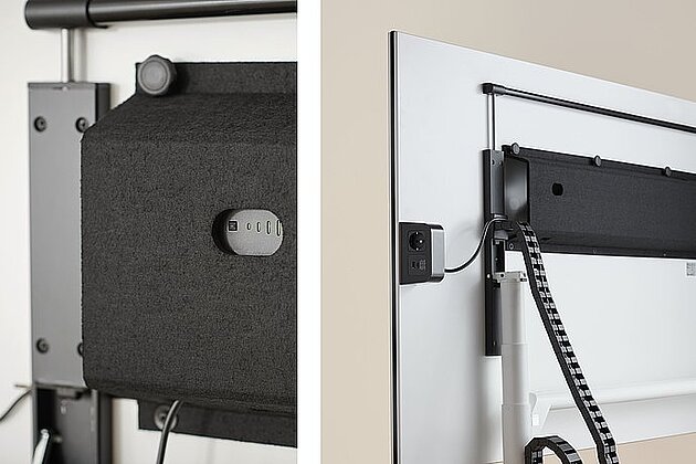 Timetable lift table, cable management and rear panel, detail view