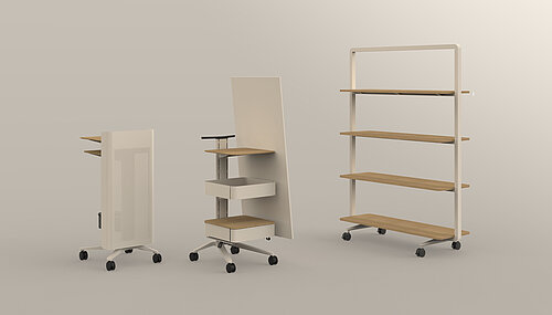 Confair Next Server, panel unit and shelving, cut-out, angled view