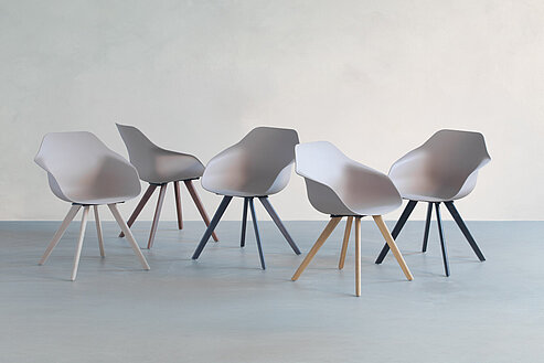 Yonda chair, cut-out, rear view, mixed colors and bases
