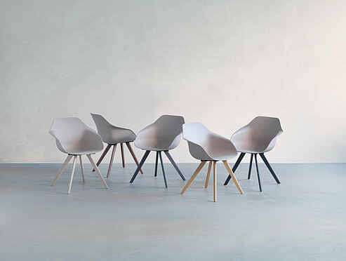 Yonda chair, cut-out, rear view, mixed colors and bases