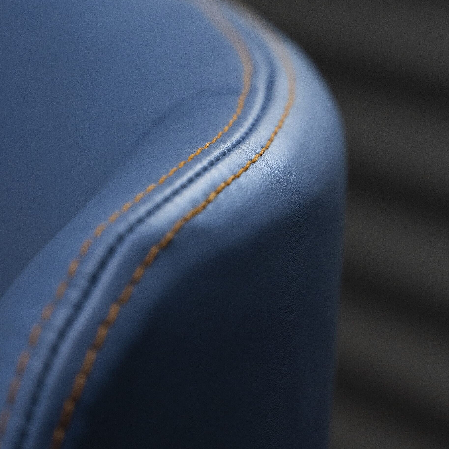 A close-up of an Intra chair with blue leather. The focus is on the backrest.