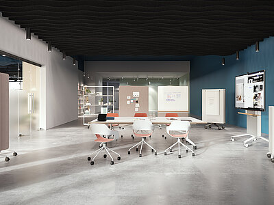 Confair Next media walls in collaborative workspace with mobile tables and chairs