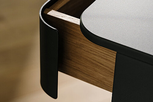 Confair Next desk drawer detail with rounded metal edge, close-up