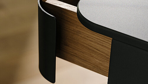 Confair Next desk drawer detail with rounded metal edge, close-up