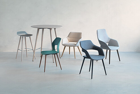 Occo chairs with table in studio environment, mixed materials and colors
