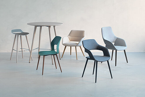 Occo chairs with table in studio environment, mixed materials and colors