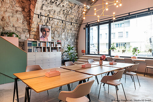 The photo shows a large room with high stone walls, warm lighting, and several wooden tables pushed together. The chairs at the tables are clearly  Occo, easily recognizable by their characteristic shell shape and delicate four-legged base. The room feels open, versatile, and pleasantly modern.