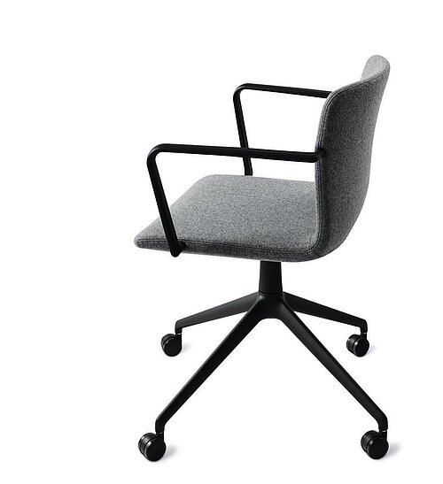 pep chair, cut-out, side view, grey upholstery with armrests