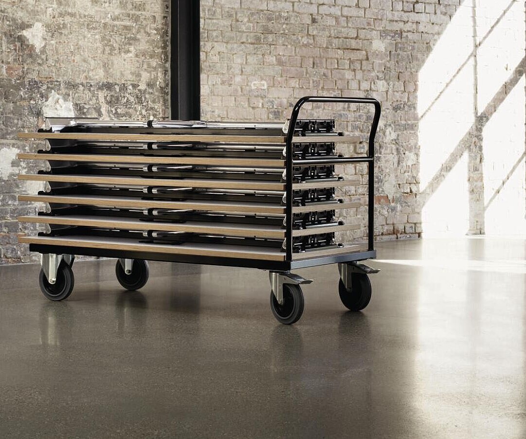 mAx folding tables stacked on transport trolley, storage situation