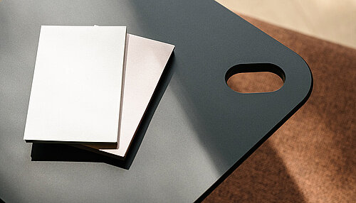 Confair Next side table top with color sample, close-up view