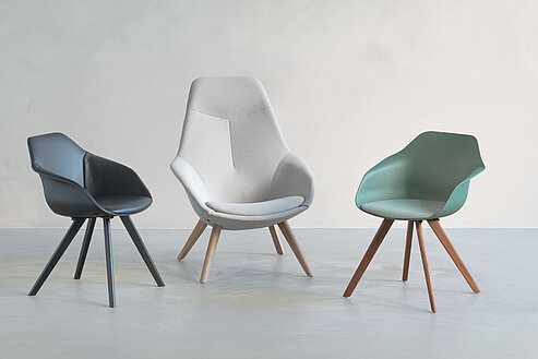 Yonda chair, cut-out, rear view, mixed colors and bases