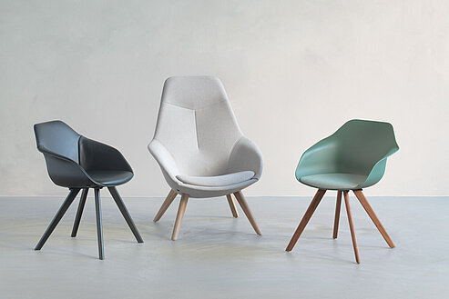 Yonda chair, cut-out, rear view, mixed colors and bases