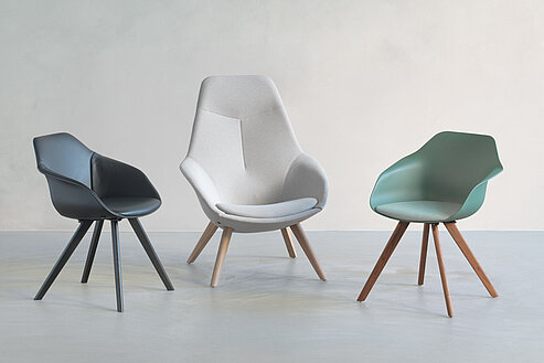 Yonda chair, cut-out, rear view, mixed colors and bases