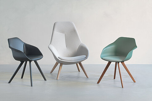 Yonda chair, cut-out, rear view, mixed colors and bases