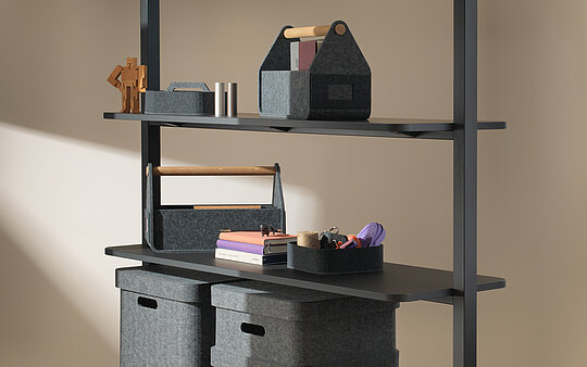 Confair Next shelving system, cut-out, front view with accessories