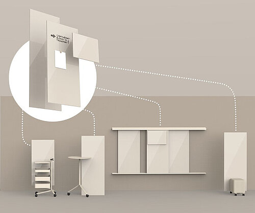 Confair Next mediawall system overview with modular components, neutral studio setup