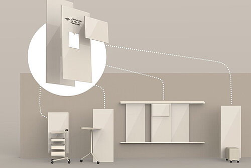 Confair Next mediawall system overview with modular components, neutral studio setup