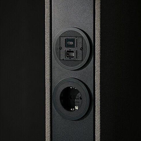 Confair Next mediawall, cut-out, close-up of integrated power and data ports