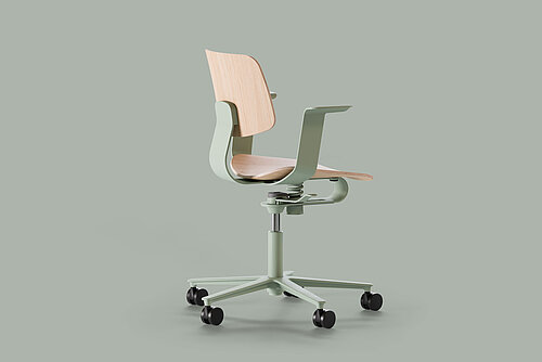 WiChair task chair, cut-out, side view, plywood seat, sage green frame