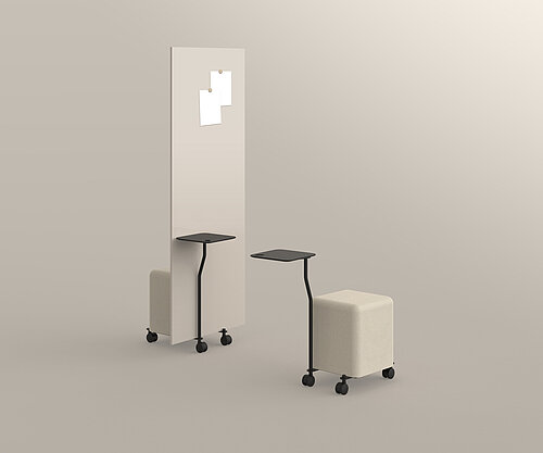 Confair Next mobile panel with side table and stool, cut-out, front view