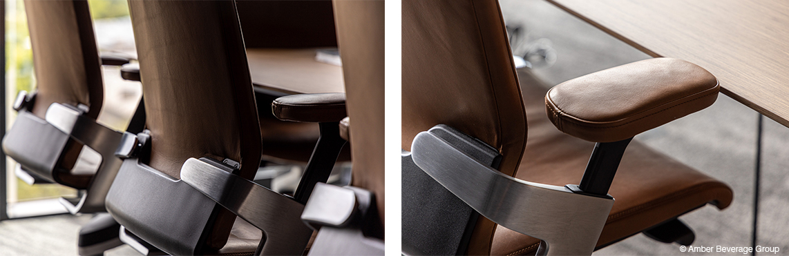 A close-up of two ON swivel chairs with brown leatherand a close-up photo of an brown armrest.