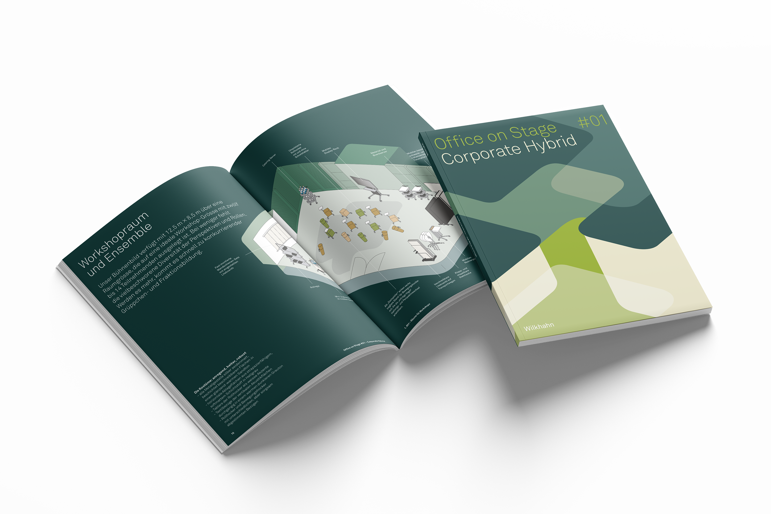 The Office On Stage #01 brochure is displayed against a gray background. One image shows the cover, and the other shows it opened, with a graphic representation of a conference room featuring Confair Next products. The brochure is designed in various shades of green.