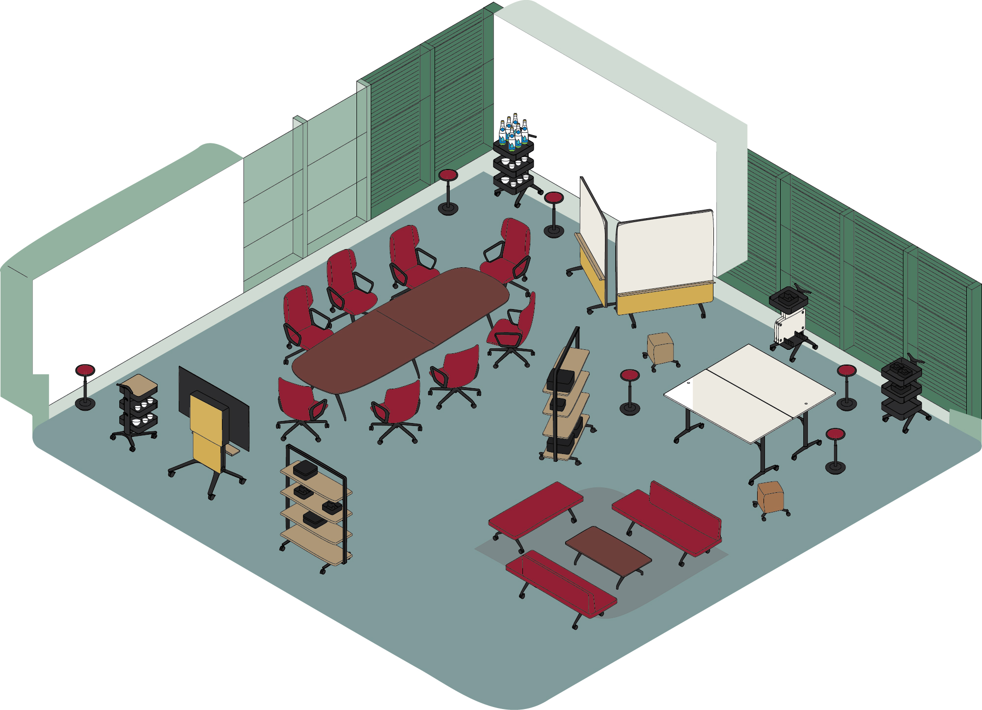 It is a graphic representation of a room furnished with various Wilkhahn products. For example, a Tish system with red Intra armchairs, Insit benches, Timetable tables, White and Media Walls, and a display rack.
