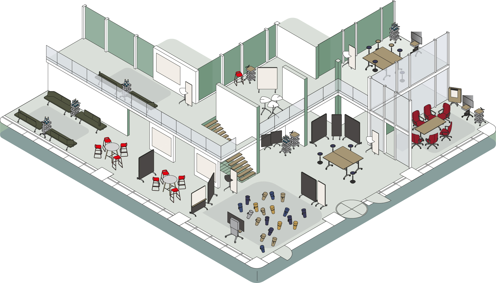 It is a graphic representation of a second-floor building furnished with various Wilkhahn products, such as Insit seating, Occo bar chairs, acoustic panels, Timetable tables, Stand Ups, Stitze, display racks, and much more.