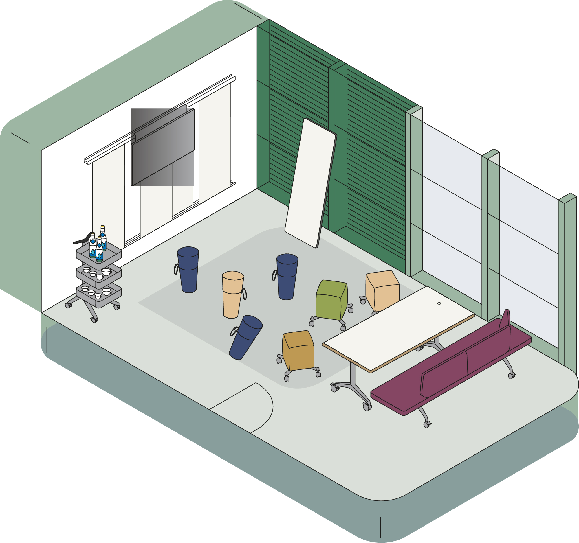 It is a graphic representation of a building featuring various Wilkhahn products, such as Insit seats, rollhocker, and Stand Ups and with whiteboards on the walls.