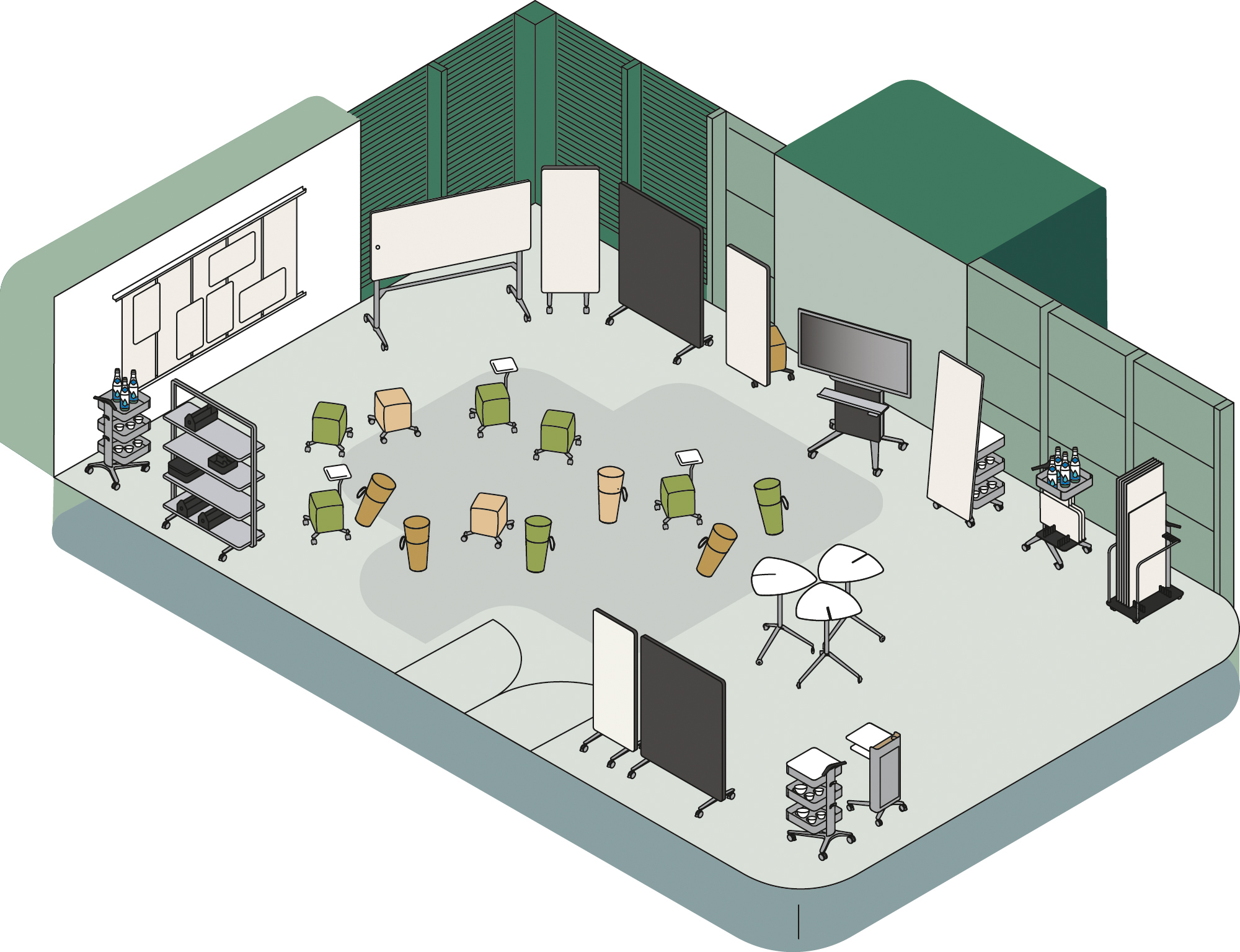 This is a graphic representation of a room intended for use as a workshop, showing various Wilkhahn products, mostly Confair Next products. In this illustration, there are many stand ups and rollhocker in the center of the room in front of a display rack.There are acoustic panels and whiteboards on the walls.
