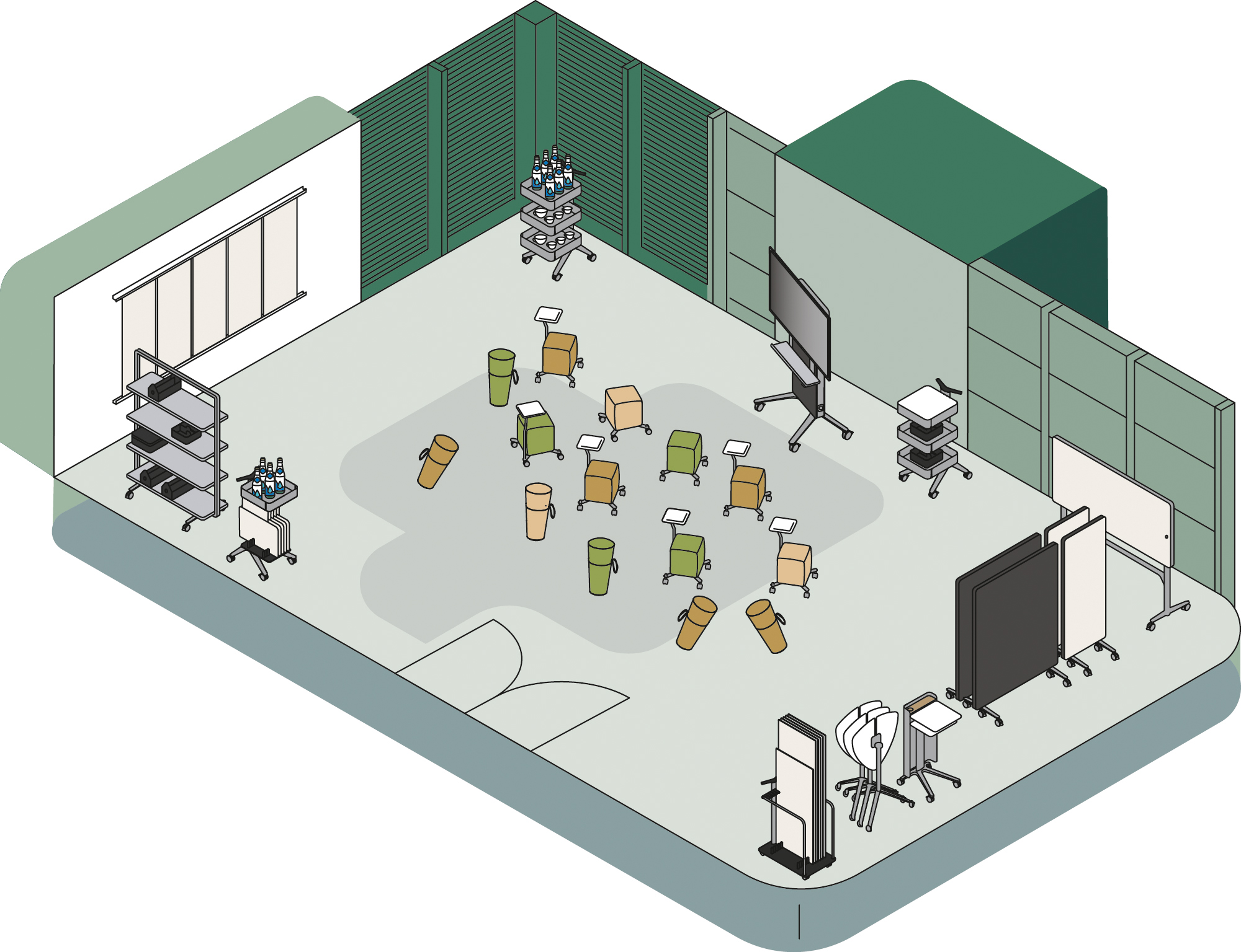 This is a graphic representation of a room intended for use as a workshop, showing various Wilkhahn products, mostly Confair Next products. In this illustration, there are many stand ups and rollhocker in the center of the room in front of a display rack.