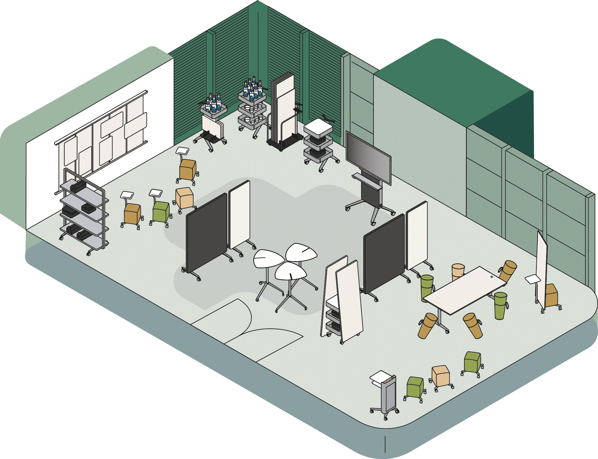 This is a graphic representation of a room intended for use as a workshop, featuring various Wilkhahn products, primarily Confair Next models. In this layout, numerous standing desks and rolling stools are distributed throughout the room, with acoustic panels and whiteboards used to divide the space into separate areas.