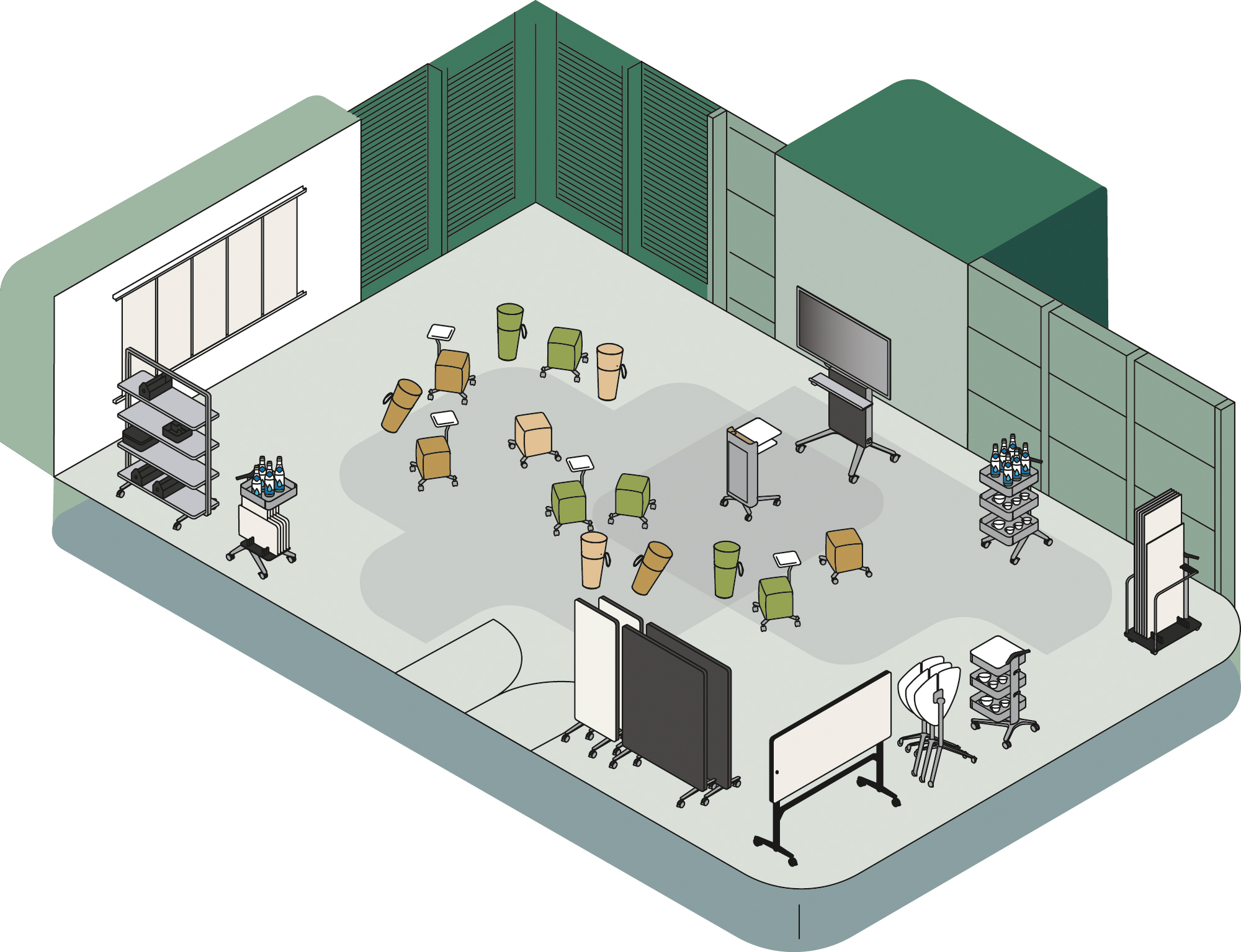 This is a graphic representation of a room intended for use as a workshop, showing various Wilkhahn products, mostly Confair Next products. In this illustration, there are many stand ups and rollhocker in the center of the room in front of a display rack.