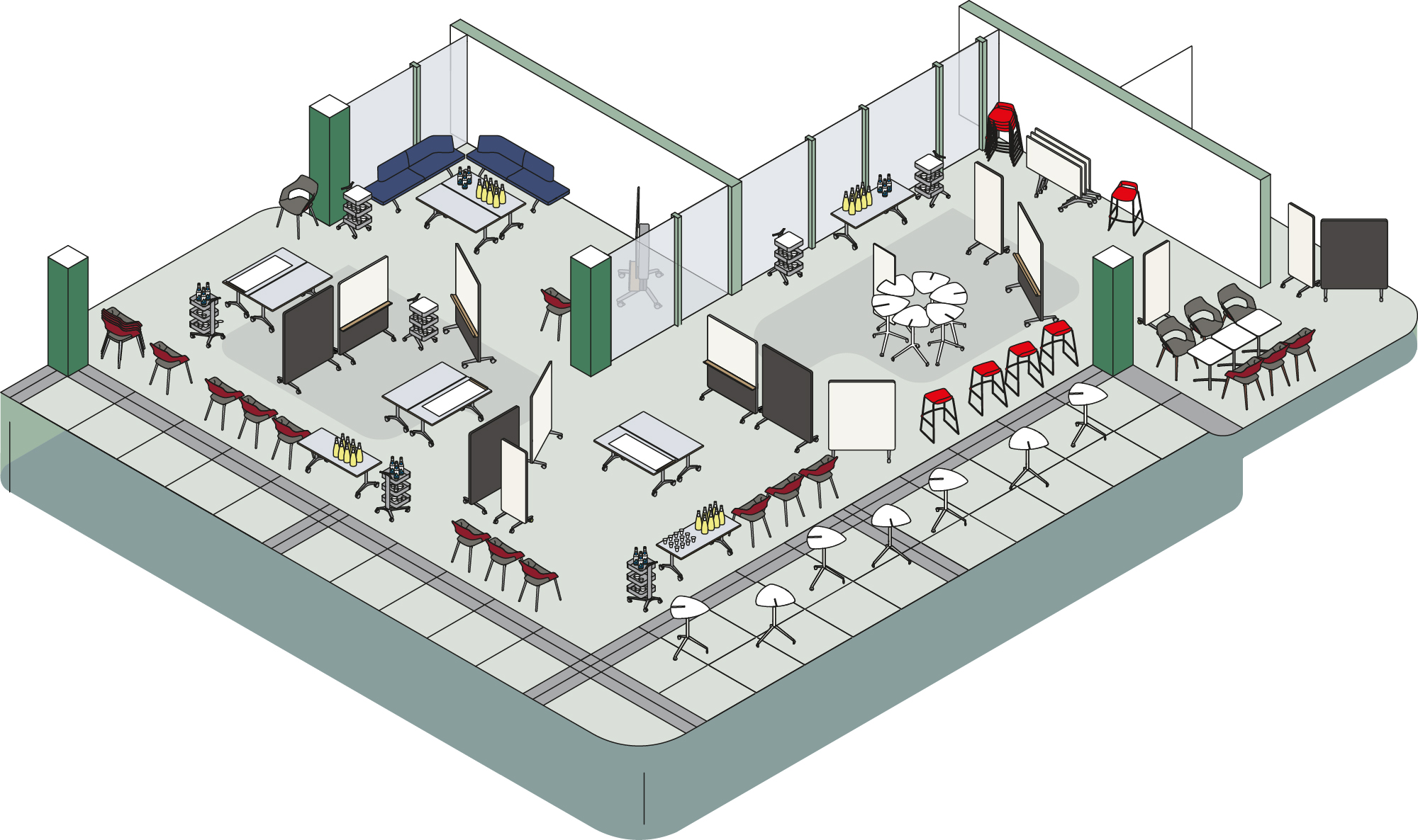 It is a graphic representation of a building furnished with various Wilkhahn products, such as Insit benches, Occo bar chairs, acoustic panels, Timetable tables, Stand Ups, chairs, display racks, and much more.