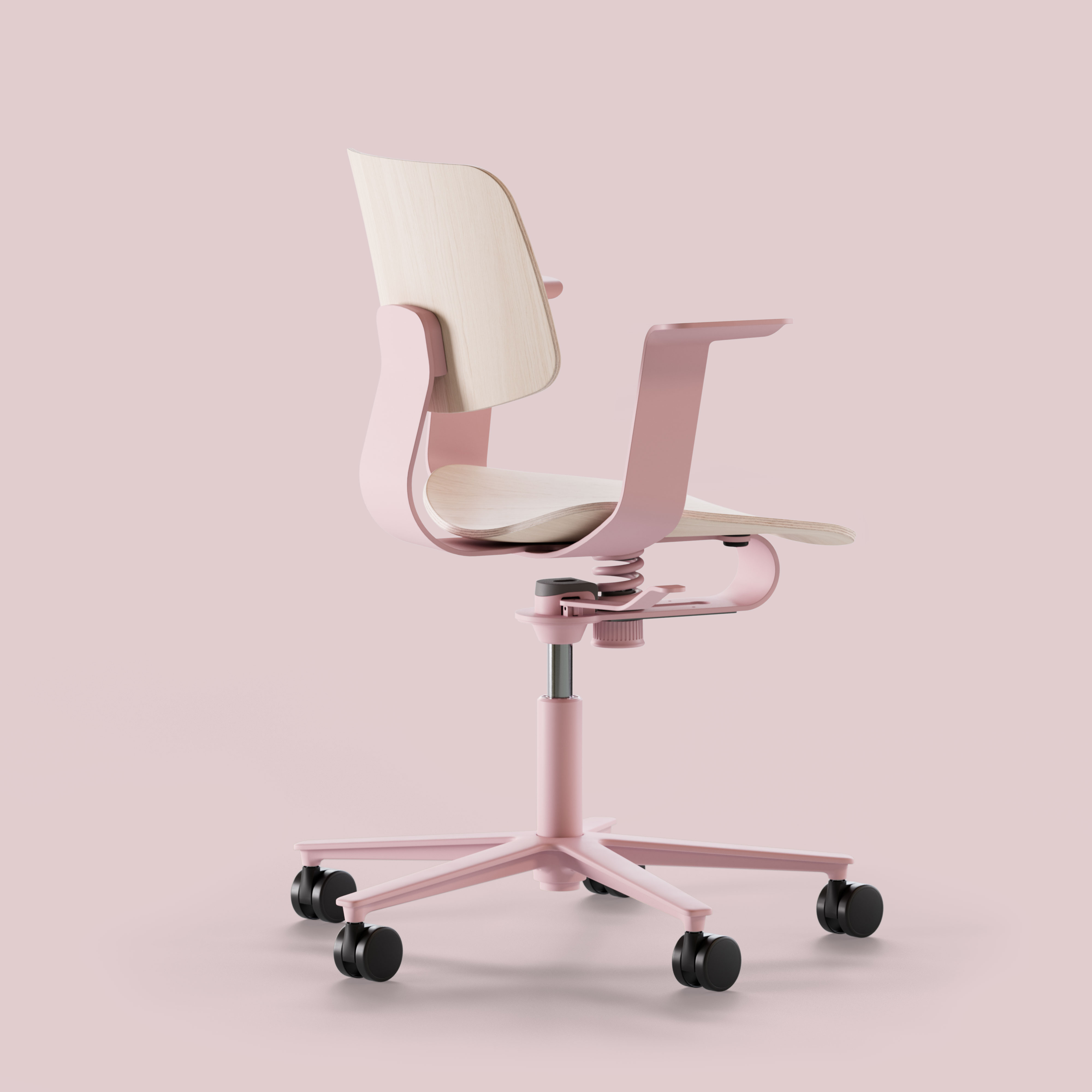 WiChair task chair, cut-out, left side view, soft pink frame with plywood seat