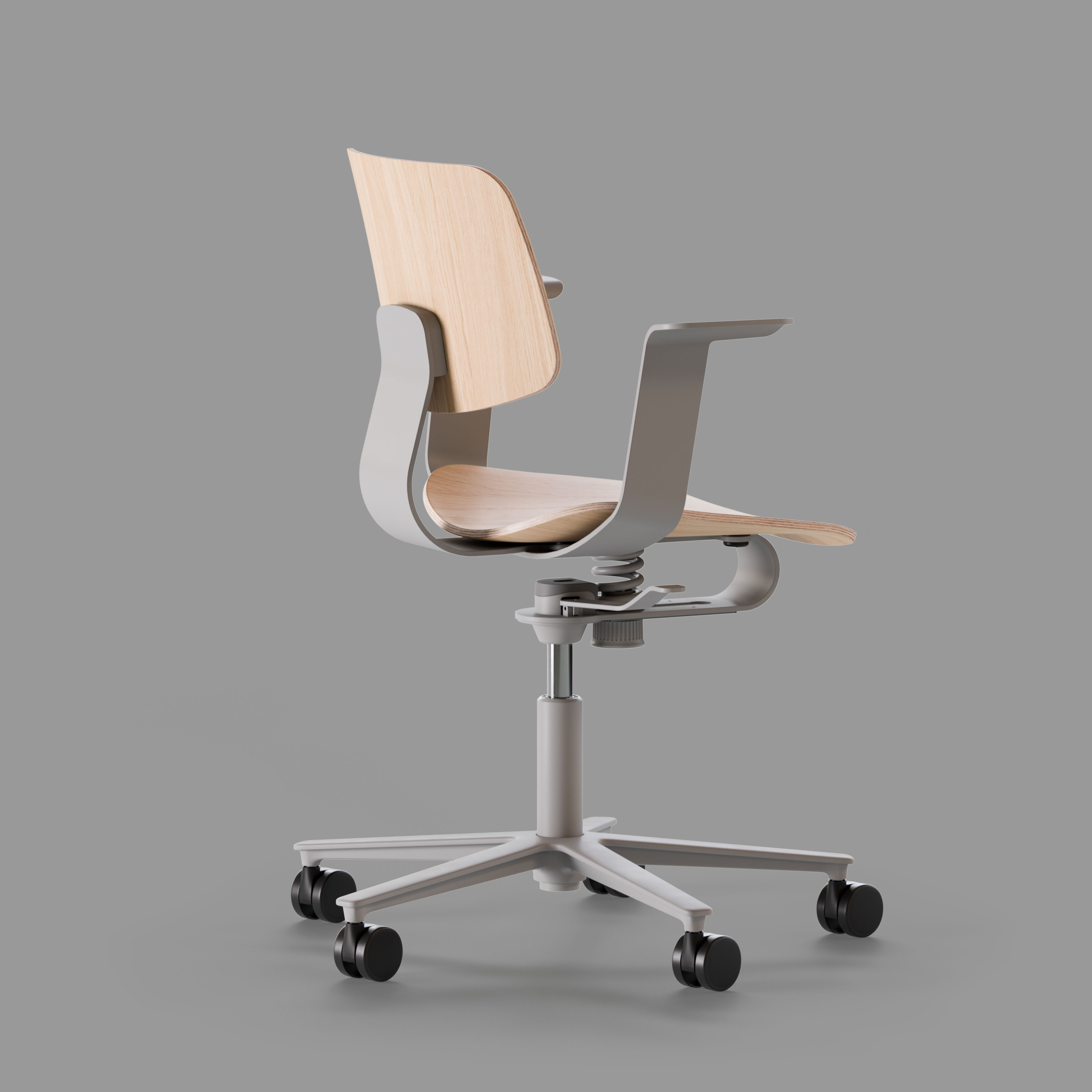 WiChair chair, cut-out, left side view, light grey frame with plywood seat