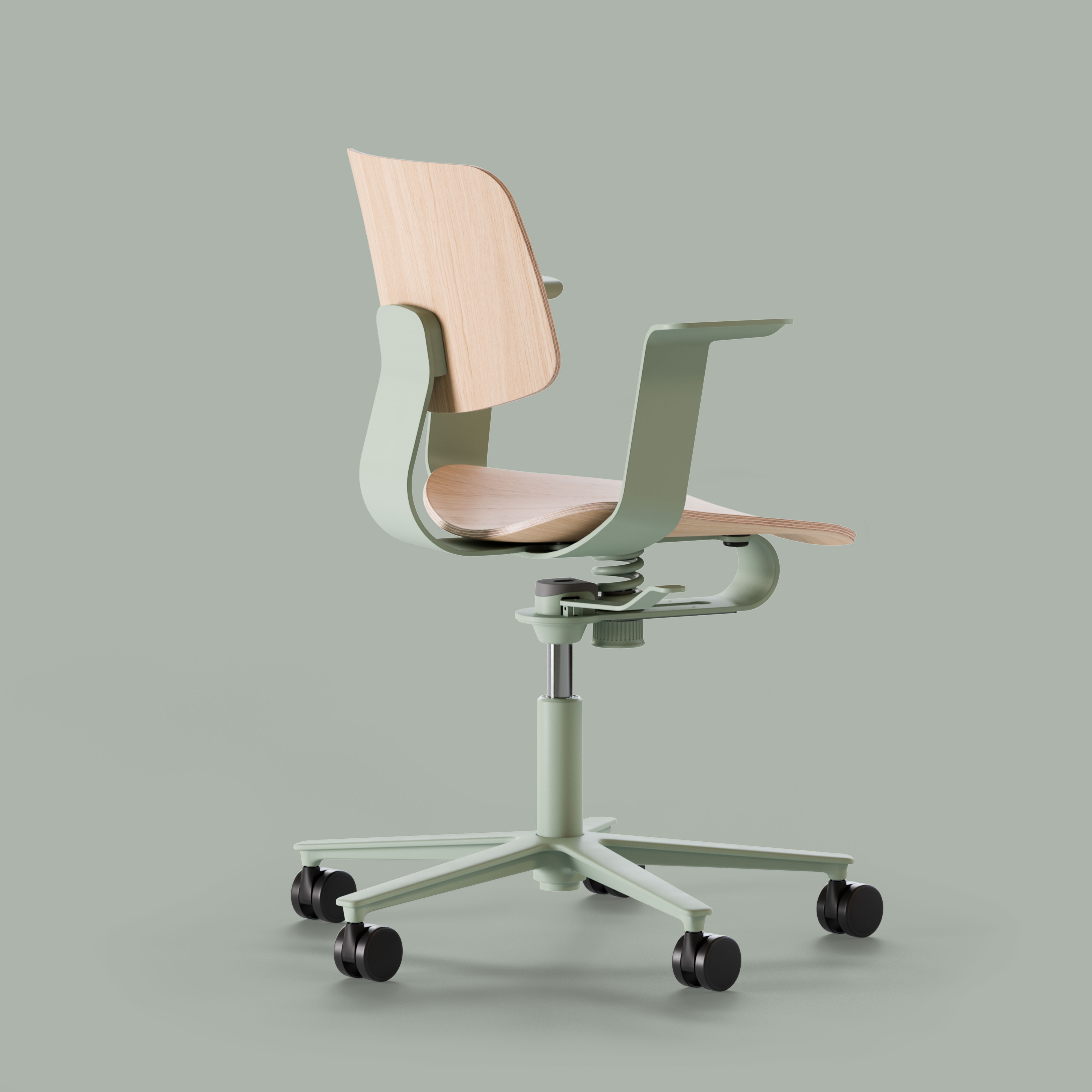 WiChair chair, cut-out, rear three-quarter view, light green frame