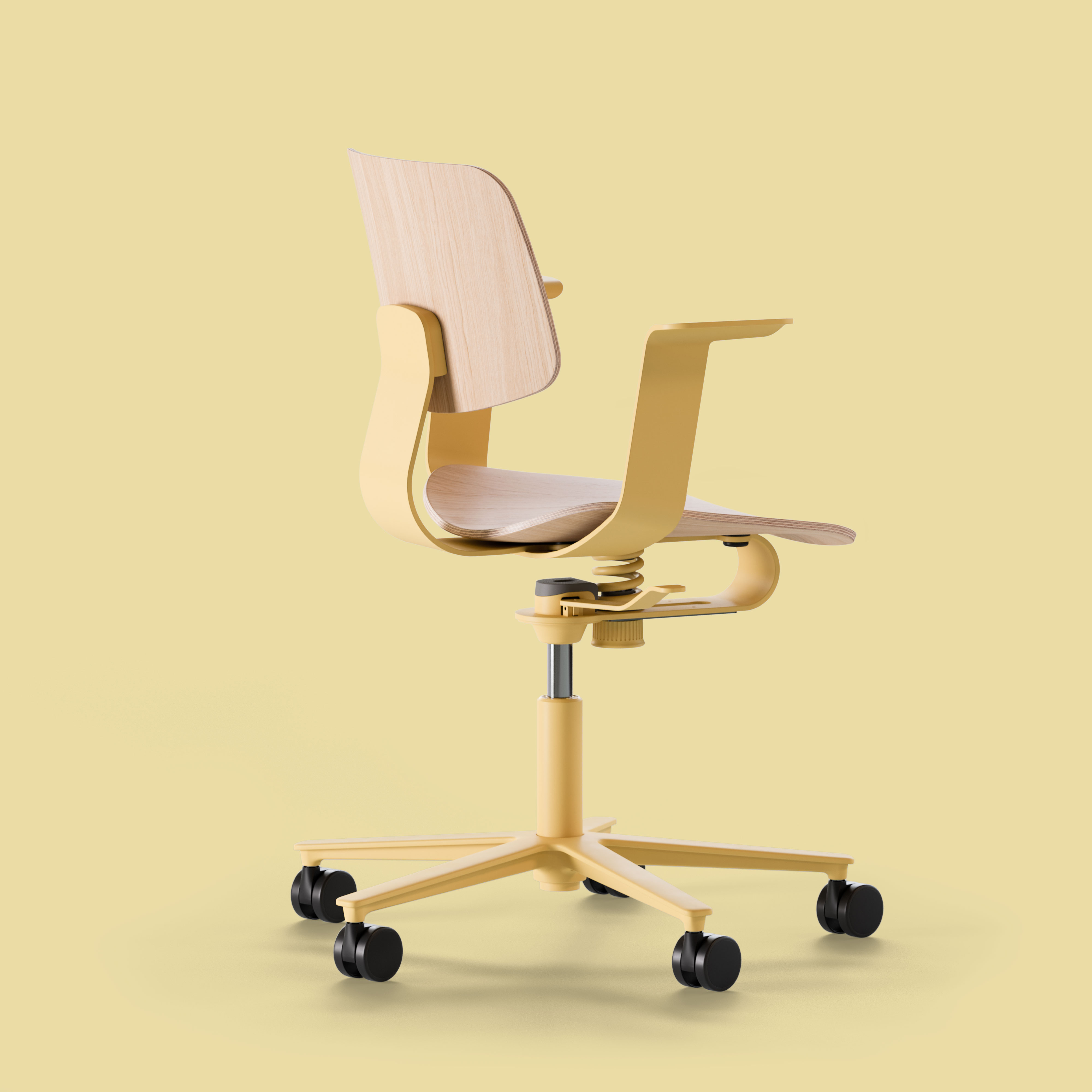 WiChair chair, cut-out, left side view, yellow frame with plywood seat