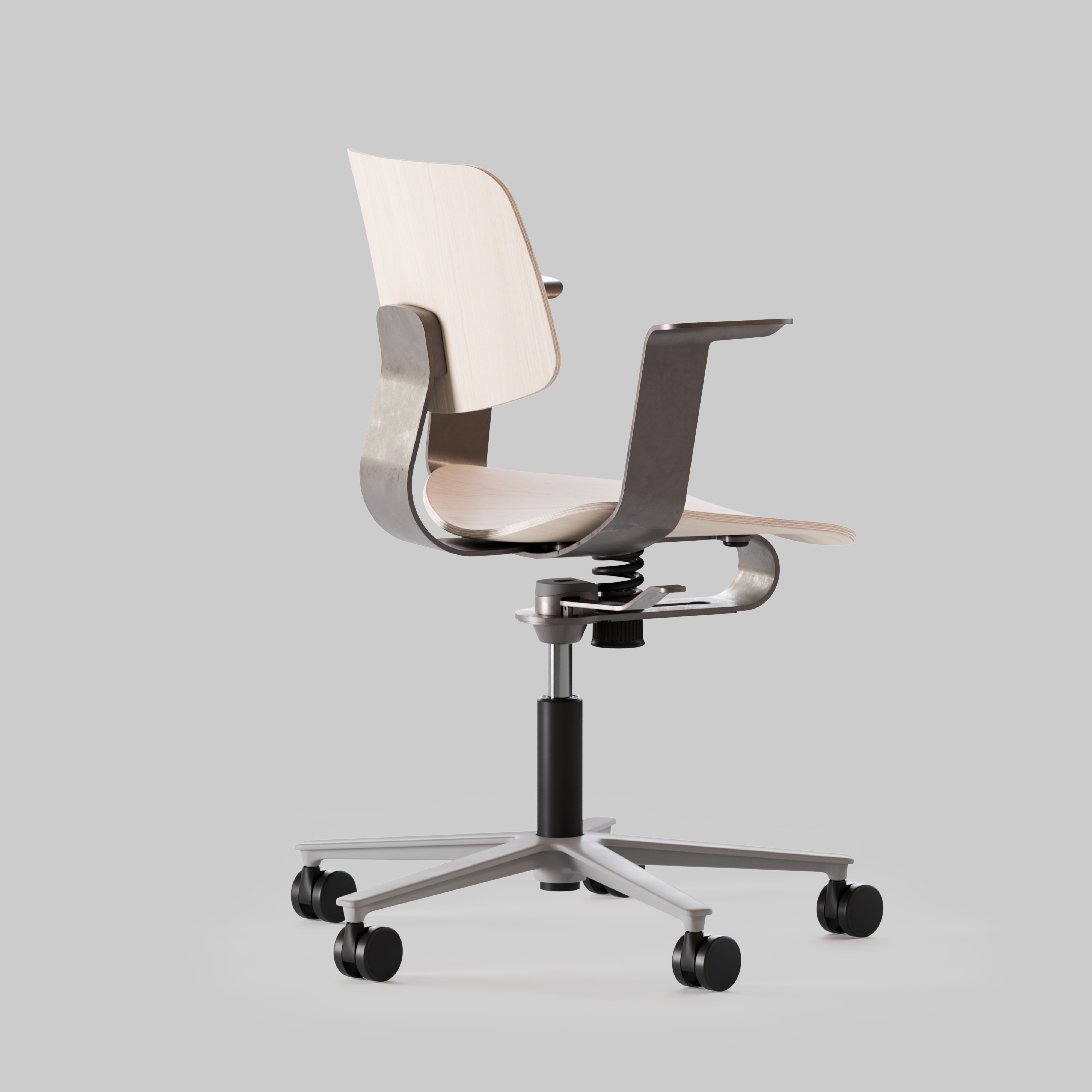 WiChair chair, cut-out, left side view, metallic grey frame with plywood seat