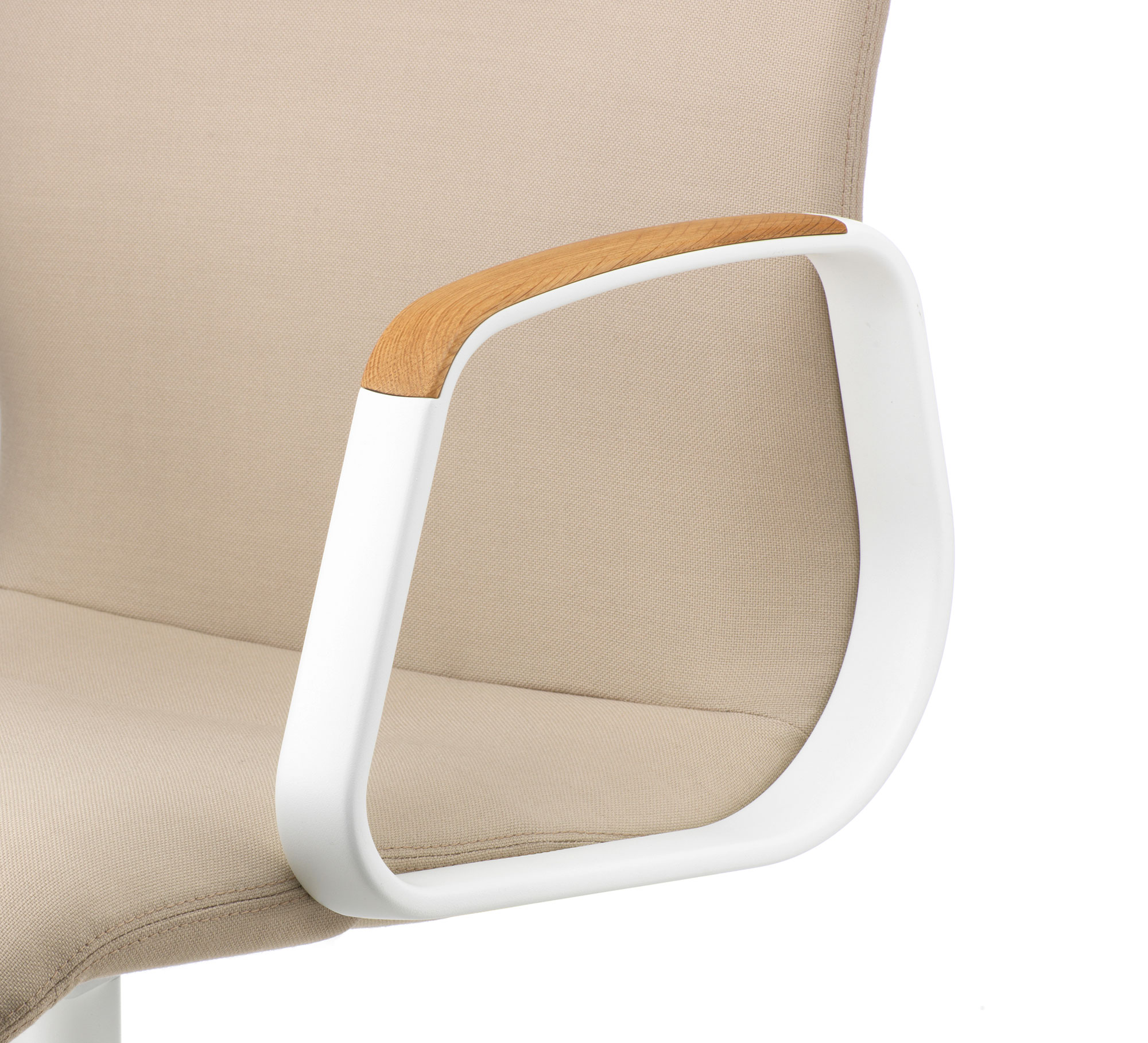 Decide office chair armrest detail, cut-out, white frame with oak wood top