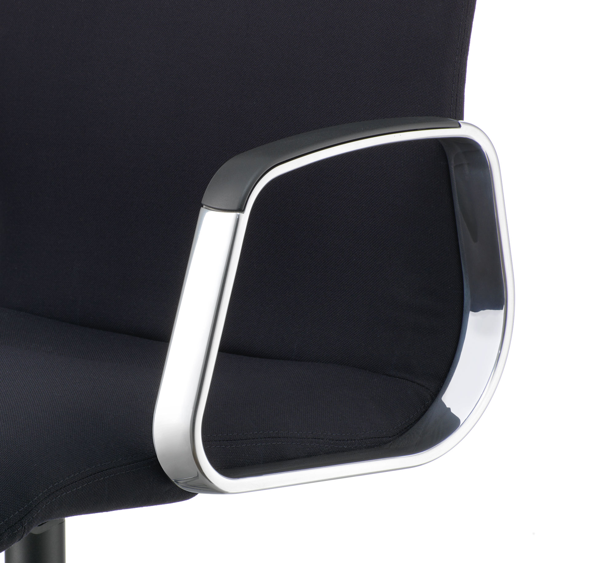 Decide office chair armrest detail, cut-out, chrome frame with black fabric
