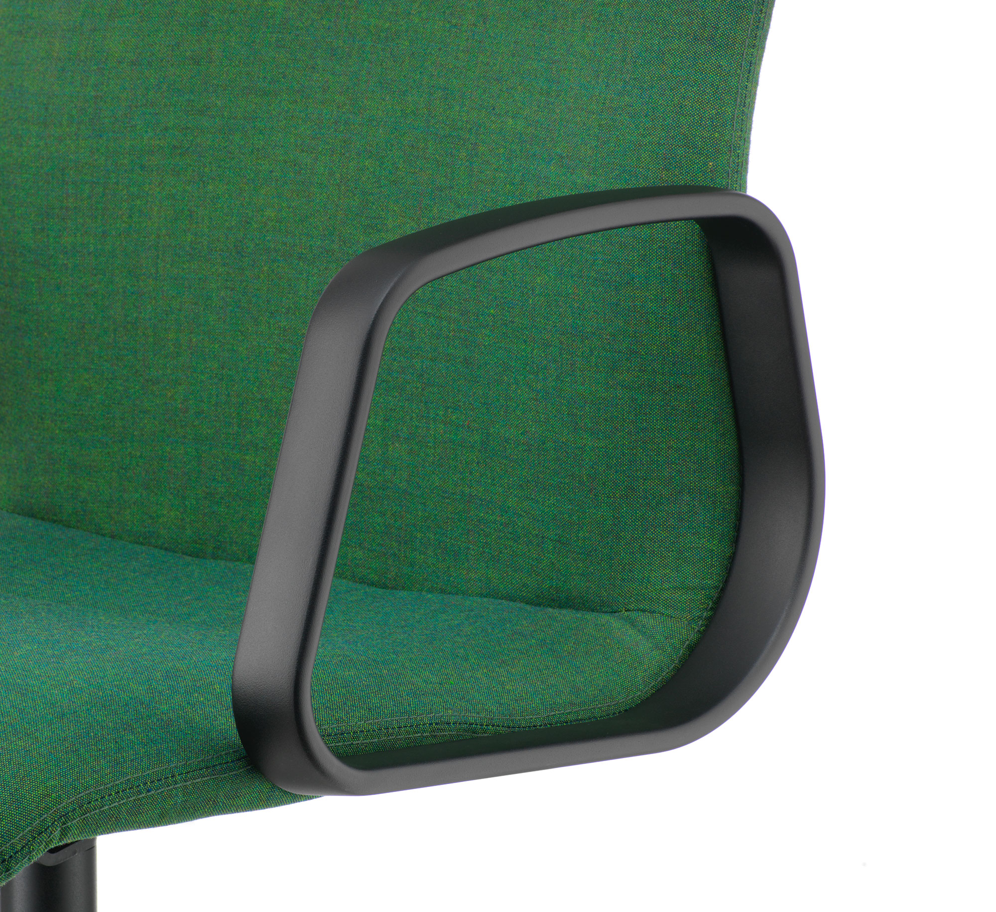 Decide office chair armrest detail, cut-out, black frame with green fabric