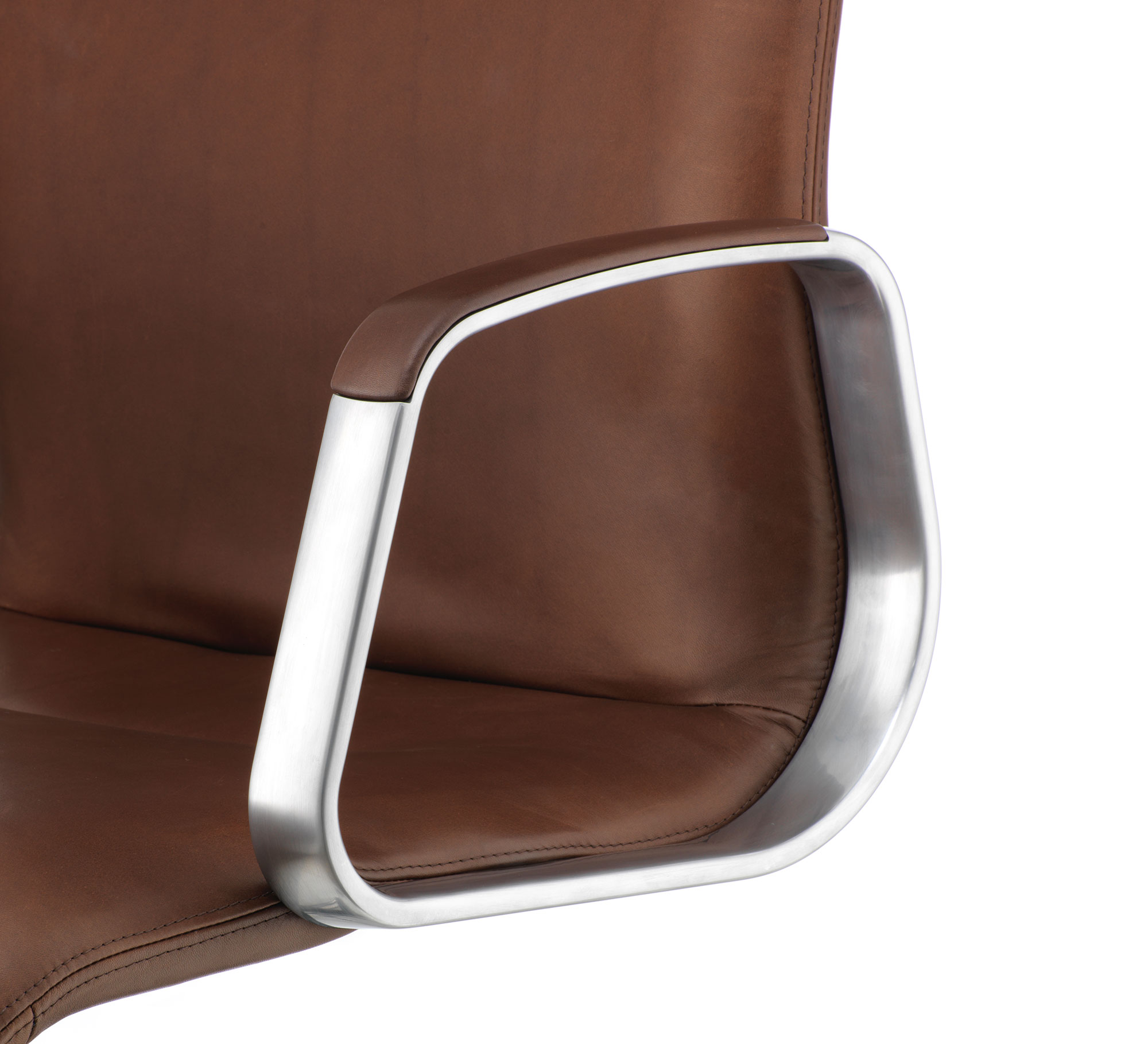 Decide office chair armrest detail, cut-out, brushed aluminum and brown leather